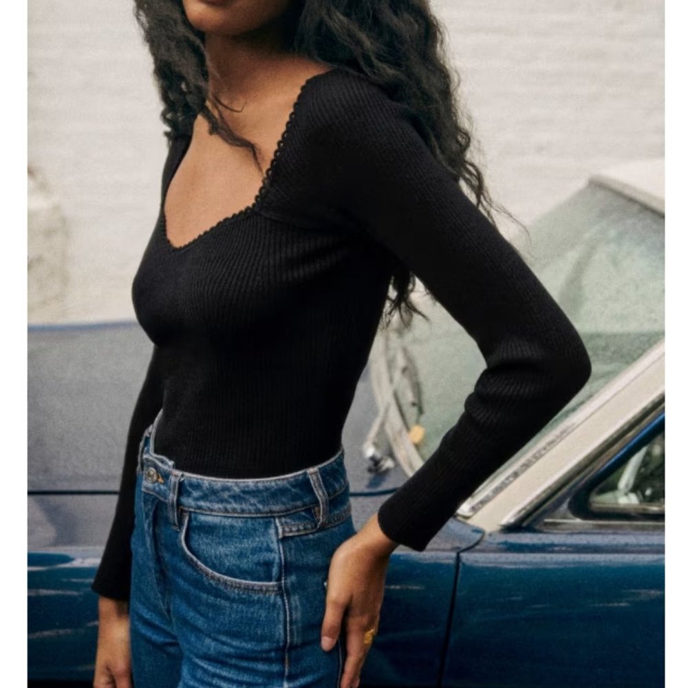 NWOT Sezane Maha Jumper in Black Long Sleeves Wool Cotton